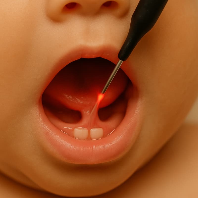 Laser frenectomy procedure on a child — gentle laser releasing a tongue-tie